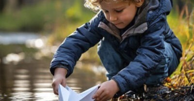 В парке мальчик упросил богача сделать кораблик из листочка бумаги.