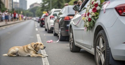 Свадебный кортеж едва успел затормозить около собаки. Но кто бы мог подумать