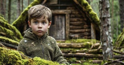 Заблудившись в лесу, мальчуган решил поспать в брошенной избушке. Но вдруг дверь раскрылась