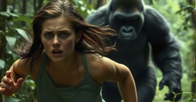Массивная горилла встретила  девушку в густых зарослях и утащила в свою пещеру.