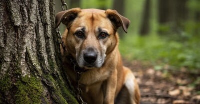Пса увезли глубоко в лес и оставили привязанным к дереву, надеясь избавиться от него навсегда.
