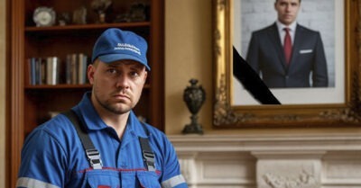 Сантехник прибыл в особняк за городом, чтобы отремонтировать водопроводный кран — и сразу же побледнел, увидев собственное фото в чёрной оправе.