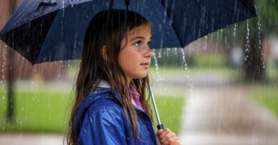 Девчушка под ливневым дождем ожидала, когда её заберут из школы, а мамашка в это время была занята…