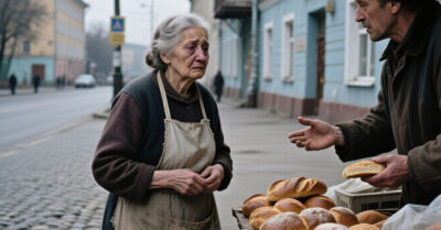 — Умоляю тебя, деточка, пожалей меня, уже три дня не ела хлебушка, а денег вовсе не осталось – умоляла бабуля у торговки