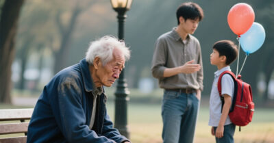 — Пап, там дедуля старенький сидит, плачет, он пить хочет. Мы можем купить ему водицы, а ещё блинчик? ! – упрашивал сын отца