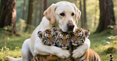 Собака, не знавшая страха, взрастила троих тигрят.  Спустя два года она столкнулась нос к носу с хищниками джунглей.