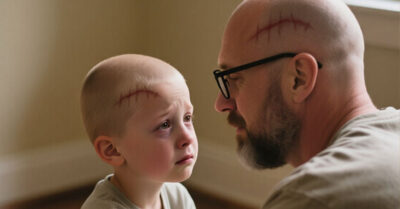 Папа, у тебя такой же шрам! Отец поддержал своего восьмилетнего сына после тяжёлой операции и огромного шрама на голове.