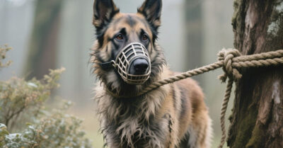 Овчарку обвязали вокруг дерева так, что она не могла ни сидеть ни лежать